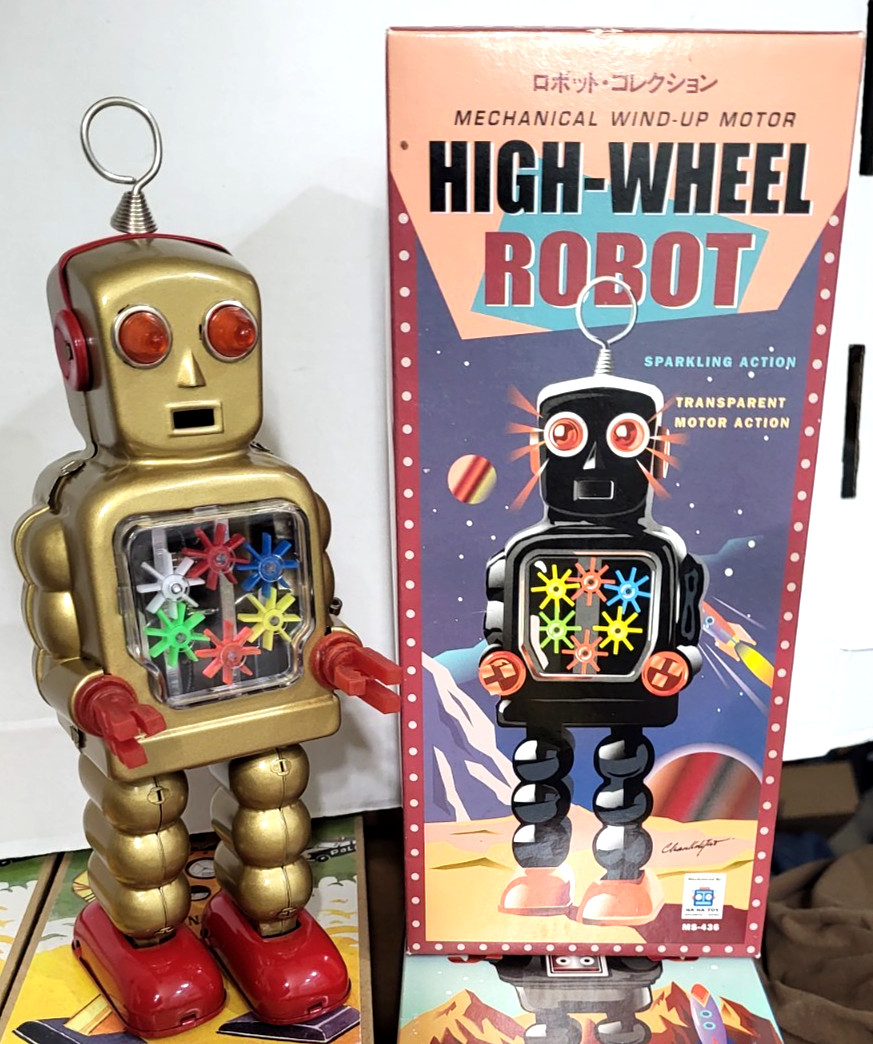 GOLD HaHa High-Wheel Robot Mechanical Wind-Up Tin MS436 New early 2000s