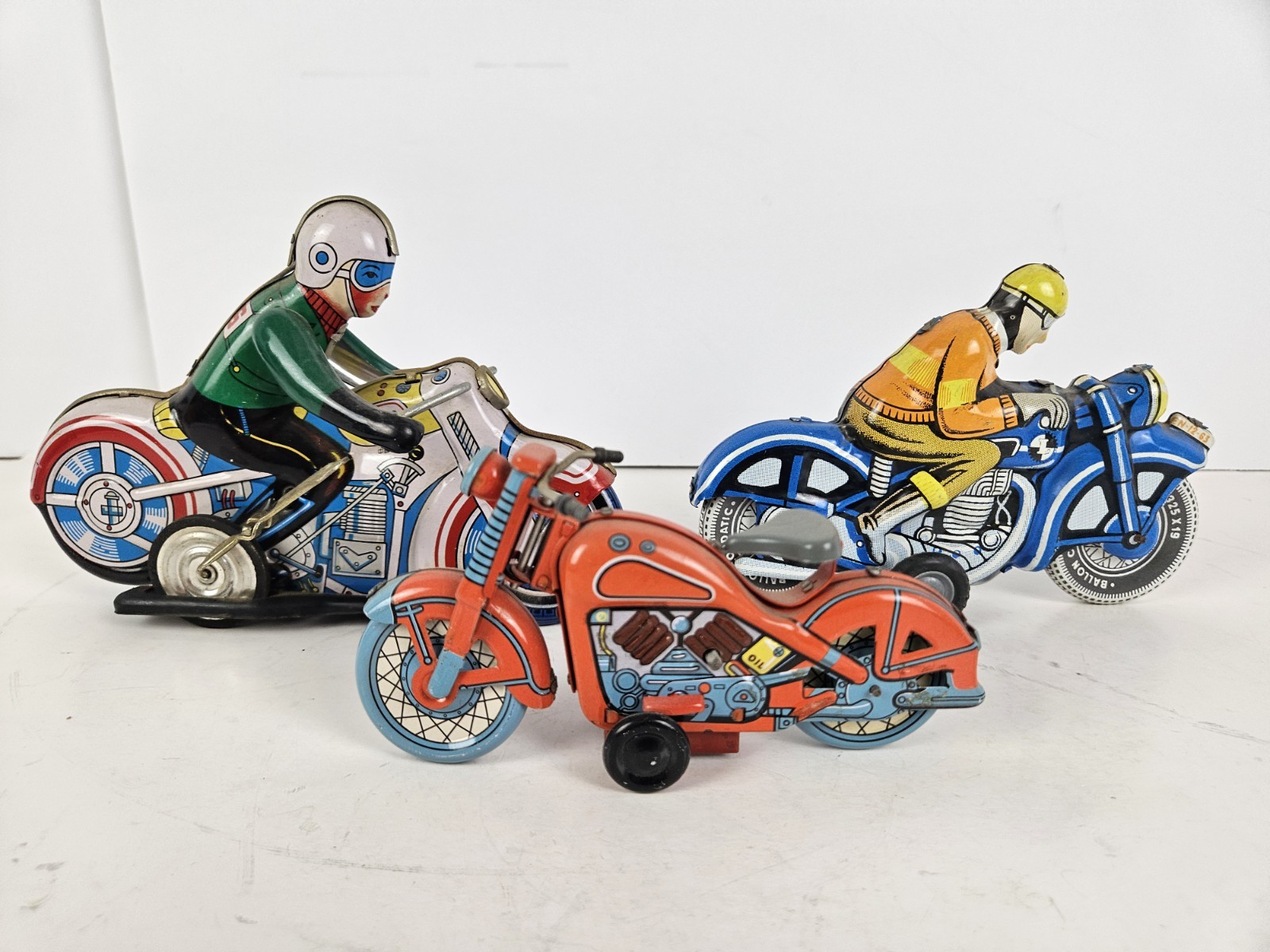 Vintage Lot of 3 Tin Litho Wind-Up and Friction Motorcycle Toy Toys