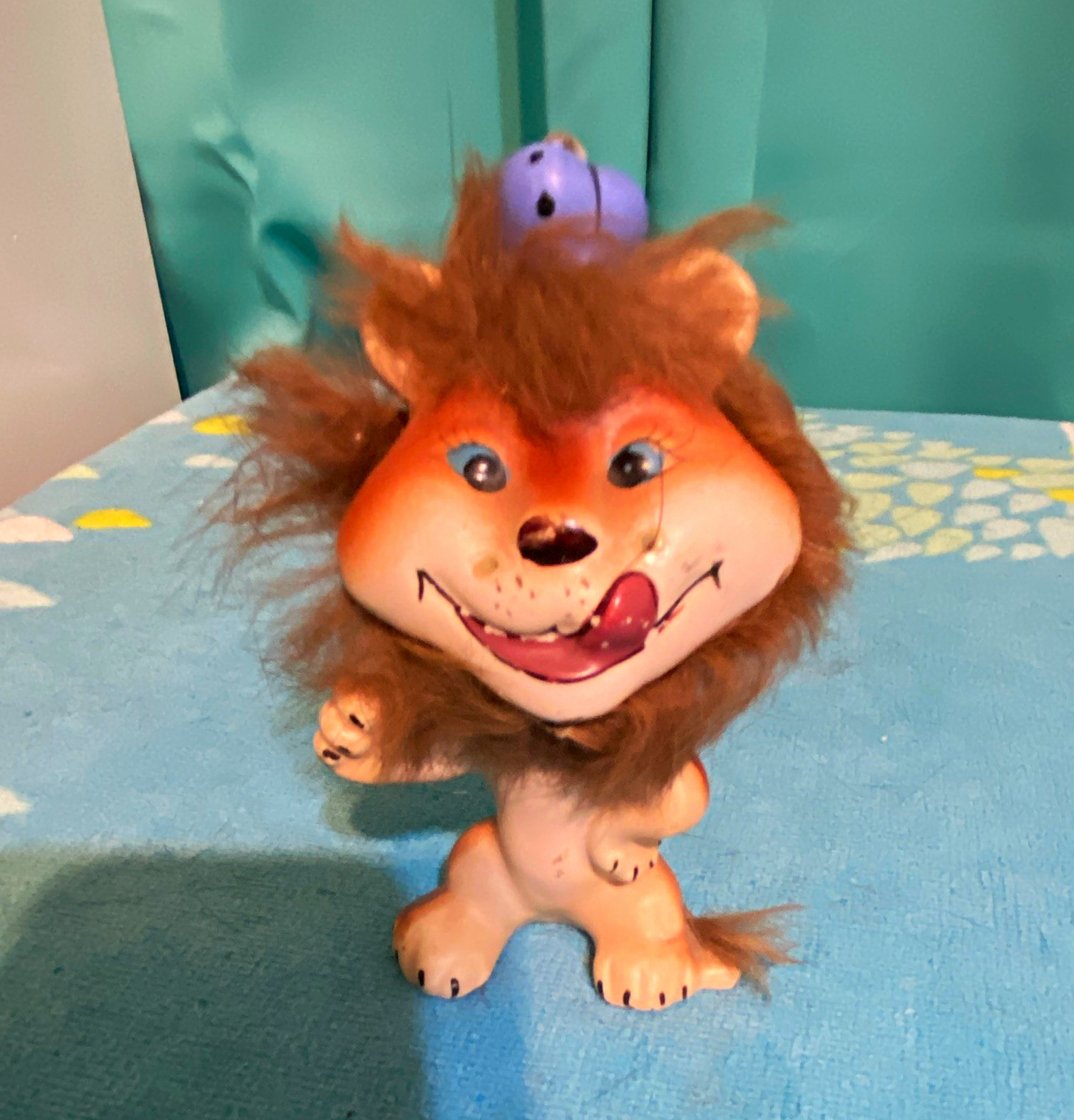 Vintage Lion Figurine Brown Hair Purple Gem Topper Marked 59