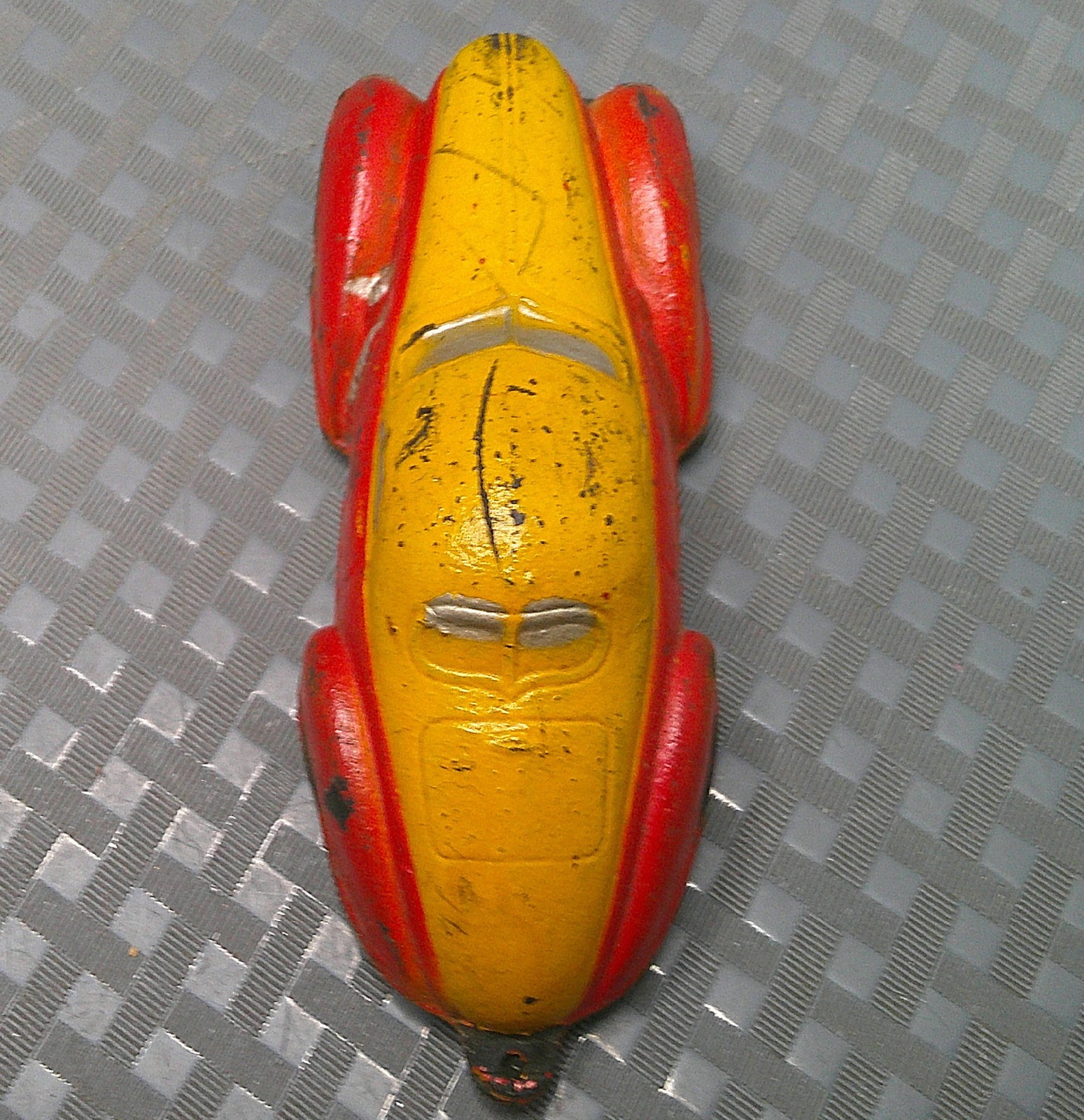 Vintage 1930s Sun Rubber Toy Red Yellow Car Coupe Sedan 4 Inches 1 Axle