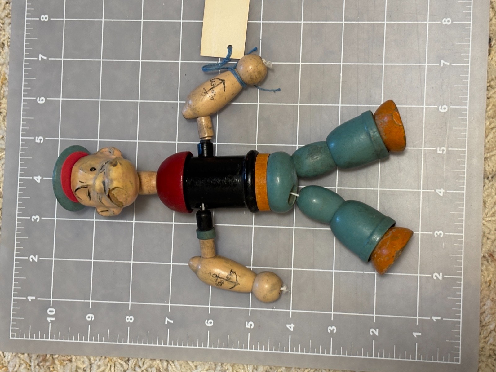 1930’s Jaymar #131 Articulated Wooden Jointed Black & Blue Popeye Sailor Toy 8″