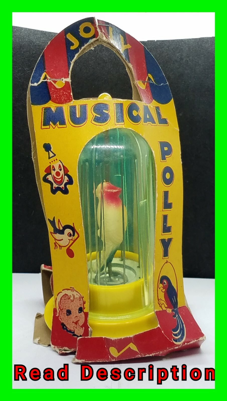 RARE Vintage Musical Jolly Polly Parrot Bird Toy Jolly Blinker Co. Cage With Box