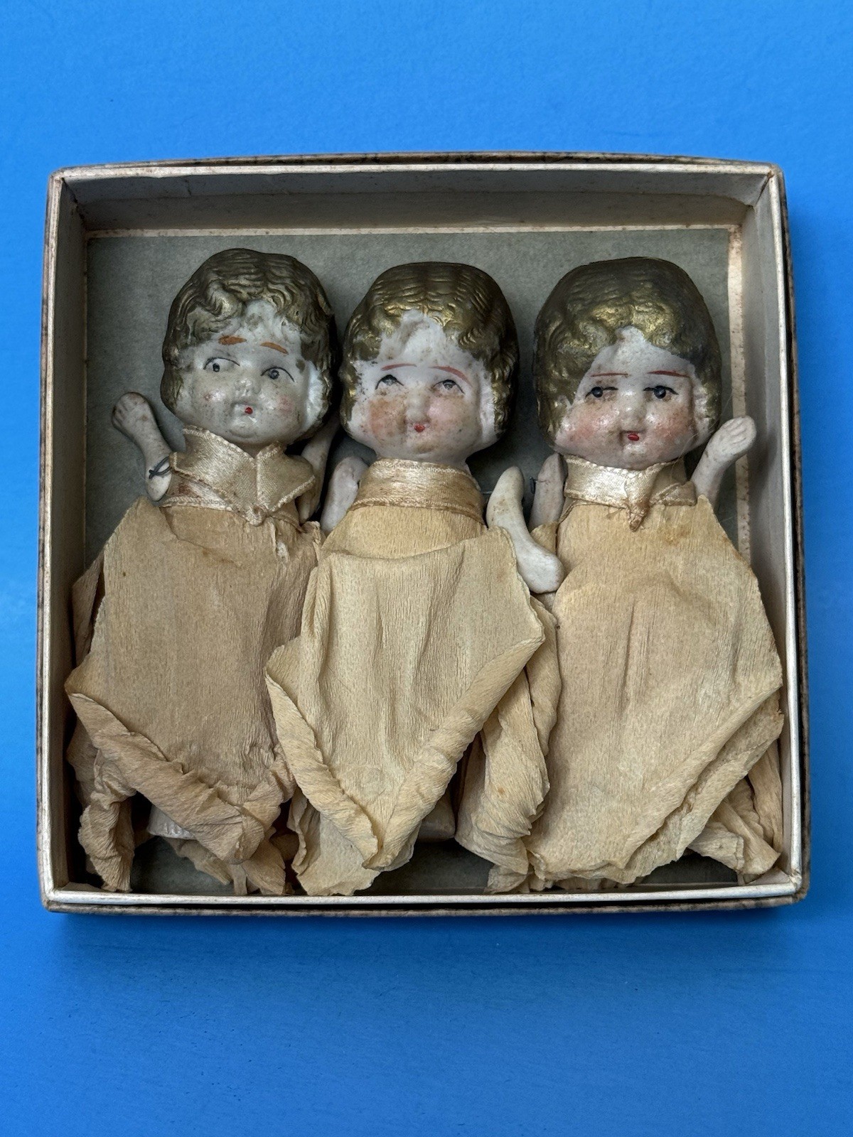 Set 3 Vtg Antique 1920s Frozen Charlotte Dolls Crepe Paper Dresses 3 1/4” Tall