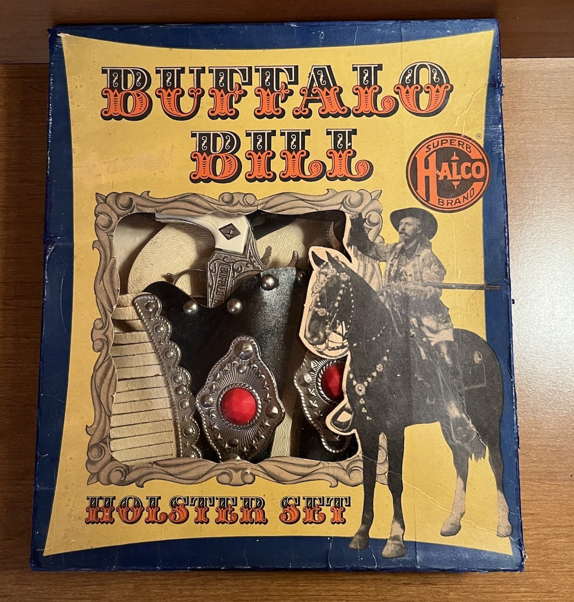 VINTAGE 1950’S HALCO BUFFALO BILL CAP GUN AND HOLSTER SET COMPLETE WITH BOX